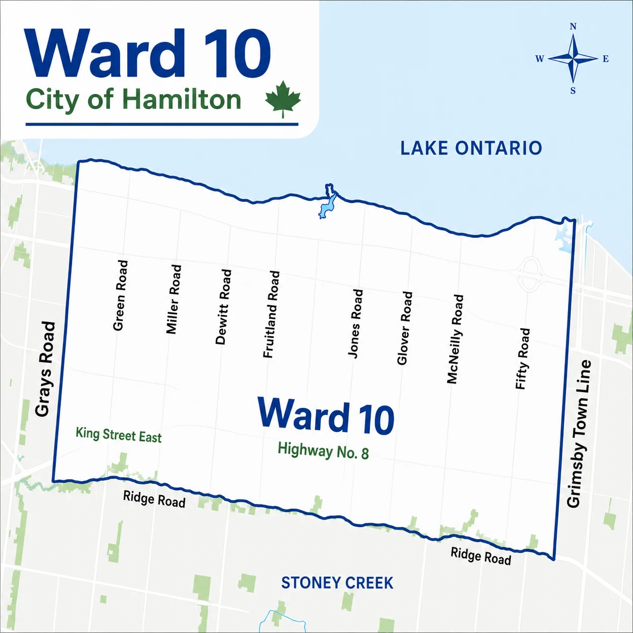 Map of Hamilton Ward 10 — Lower Stoney Creek, Fruitland and Winona